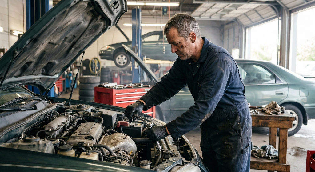 Imagem realista de um mecânico trabalhando em uma oficina automotiva enquanto realiza manutenção em um motor de carro, com mãos sujas de óleo e ferramentas ao redor, ilustrando condições de trabalho que podem gerar direito ao adicional de insalubridade.