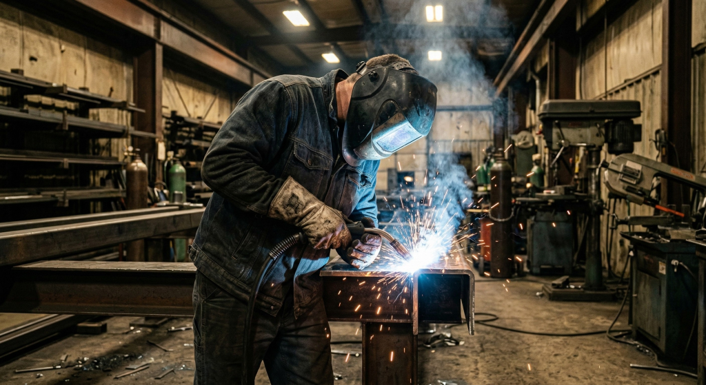 Imagem realista de um soldador trabalhando em uma oficina industrial enquanto realiza soldagem em peças metálicas, com faíscas e fumaça visíveis, representando condições de trabalho que podem gerar direito ao adicional de insalubridade na profissão de soldador.